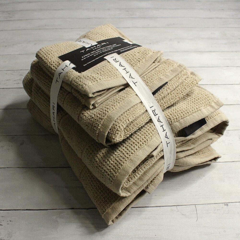 Tahari Bath Towel Set 100% Cotton Beige Hand Towels Washcloth 6 Piece